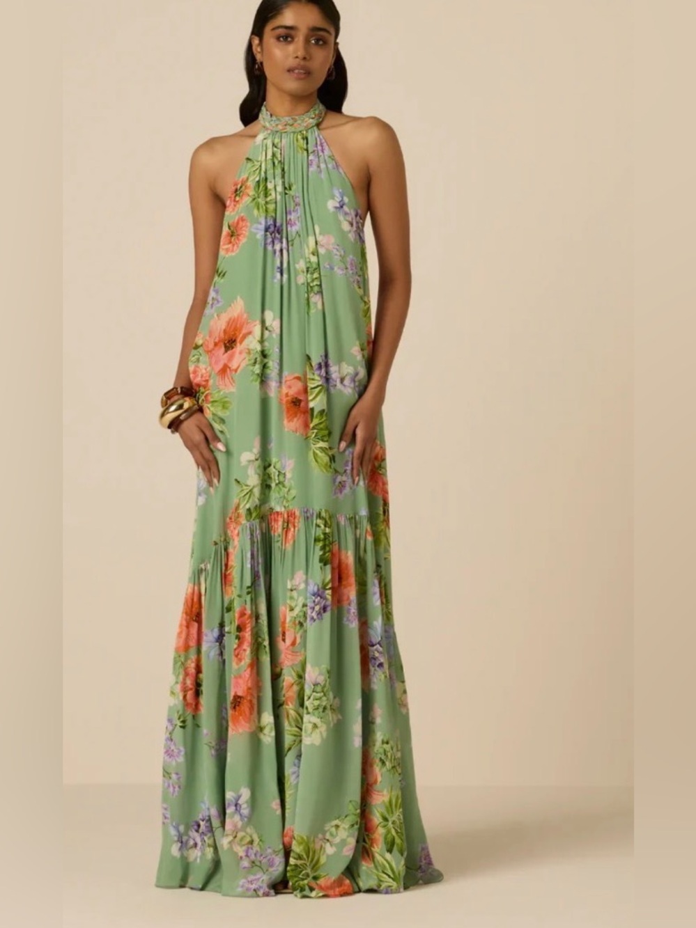 HEMANT & NANDITA Sage Green Floral Halter Maxi Dress